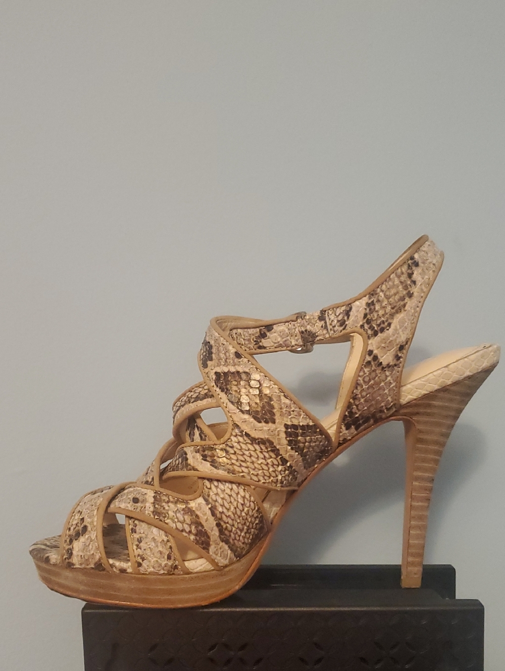 Used Snake-Print Strappy High Heel Sandal in Beige
